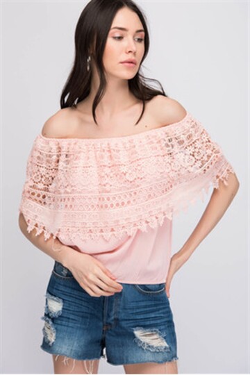 8160794 Şile Bezi Güpürlü Madonna Yaka Eteği Lastikli Bluz PEMBE