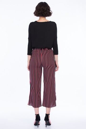 8231222 Viskon Dokuma Bağlamalı Pantolon SIYAH KIRMIZI ÇIZGILI