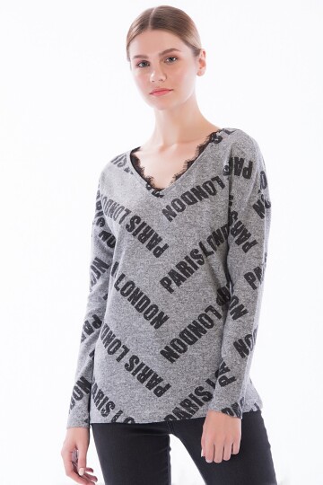 83610011 Yumoş Yakası Dantel Paris Baskılı Uzun Kol Tunik GRI