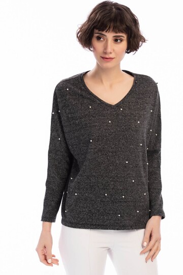 8490930 Yumoş V Yaka Önü İncili Bluz SIYAH