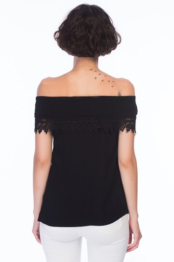 8259457 Şile Bezi Madonna Yaka Güpürlü Bluz SIYAH