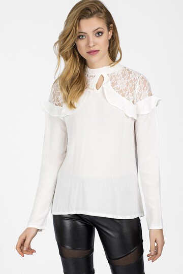 9059329 Şile Bezi Omuzları Dantelli Tül Fırfırlı Bluz EKRU