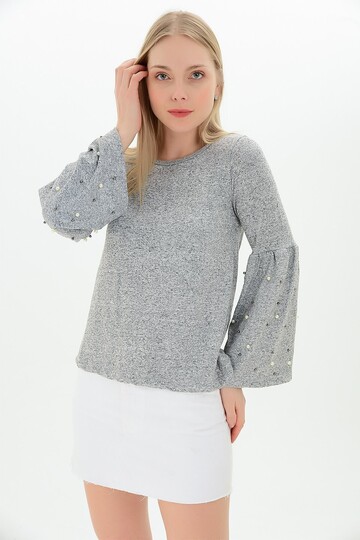 9100985 Yumoş Kolu Geniş Volanlı İncili Bluz GRI