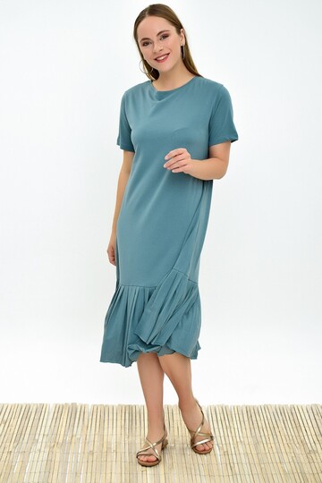 9303044 Süprem Eteği Pliseli Kısa Kol Elbise CAGLA YESIL