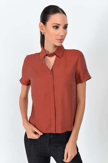 9362998 Bodrum Yaka Önü Pencereli Kısa Kol Gömlek KIREMIT