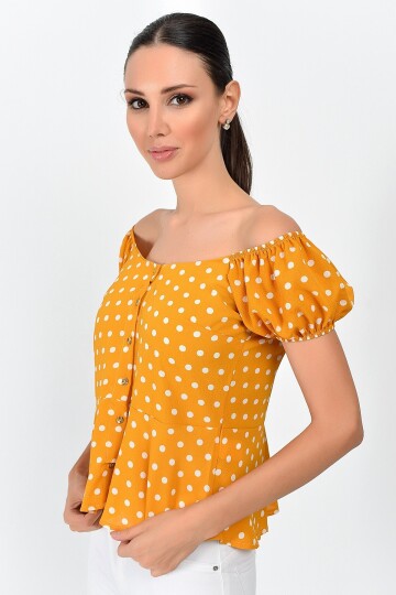 9363018 Kobe Desenli Önü Düğmeli Bluz HARDAL
