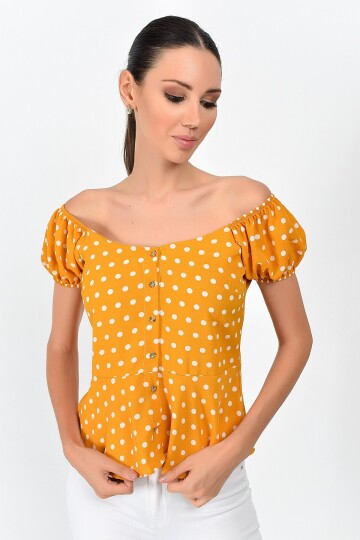 9363018 Kobe Desenli Önü Düğmeli Bluz HARDAL