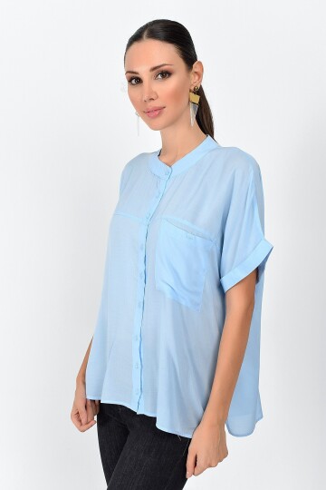 9363033 Vual Tek Cepli Hakim Yaka Yarasa Kol Gömlek MAVI