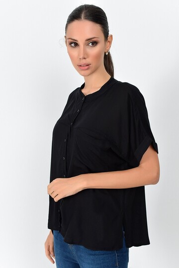 9363033 Vual Tek Cepli Hakim Yaka Yarasa Kol Gömlek SIYAH