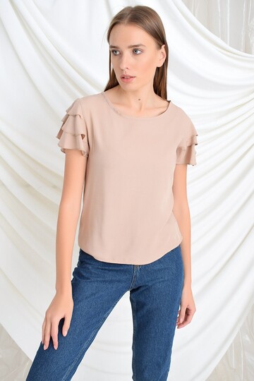 94022011 Dok.Viskon Fırfırlı Kısa Kol Bluz BEJ