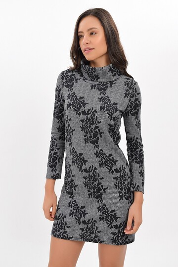 94271091 Balıksırtı Büyük Gül Dsn. Degaje Yaka Uz.Kol Elbise GRI