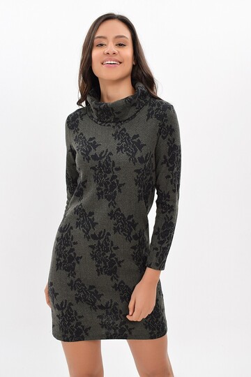 94271091 Balıksırtı Büyük Gül Dsn. Degaje Yaka Uz.Kol Elbise HAKI