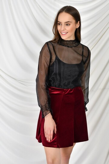9474746 Kadife Parçalı Lastikli Kısa Etek BORDO
