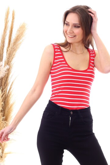 20040403 Süprem Çizgili U Yaka Çıtçıtlı Body KIRMIZI BEYAZ INCE ÇIZGI