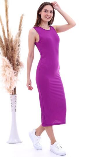 20060653 Kaşkorse Kolsuz Uzun Elbise MOR