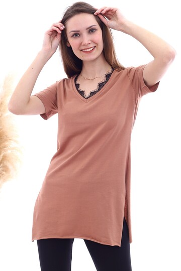 20061494 Süprem V Yaka Yakası Dantelli Kısa Kol Bluz TARÇIN