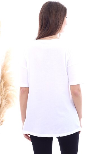 20061959 Süprem Taşlı Kaplan Baskılı T-Shirt BEYAZ