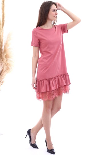 20063103 Süprem Eteği Dantelli Kısa Kol Elbise GUL KURUSU