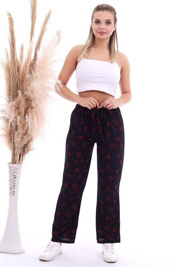 20070786 Örme Krep Beli Lastikli Bol Paça Pantolon SIYAH KIRMIZI