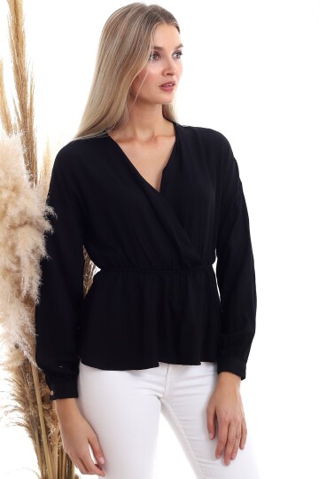 20333307 Dok.Viskon Kruvaze Yaka Uzun Kol Bluz SIYAH