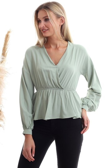 20333307 Dok.Viskon Kruvaze Yaka Uzun Kol Bluz CAGLA YESIL