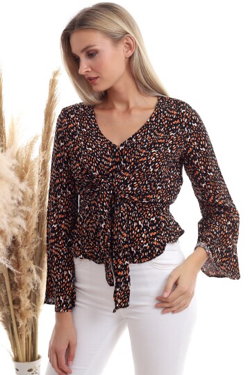 20333372 Dok.Viskon Desenli Önü Bağlamalı Volanlı Bluz SIYAH ORANJ