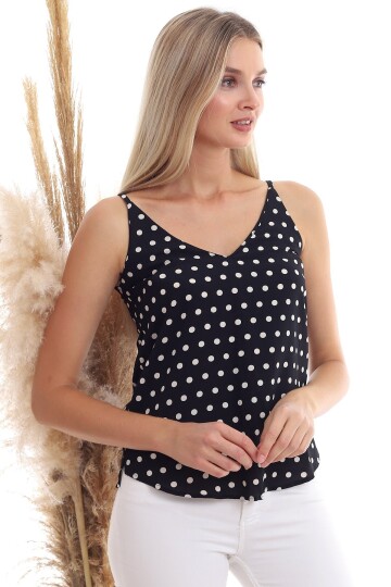 20333453 Kobe Puantiye Desenli İp Askılı Bluz SIYAH