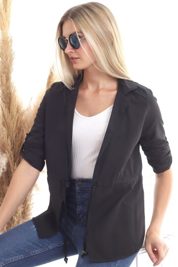 20342379 Viskon Beli Bağcıklı Uzun Kol Ceket SIYAH