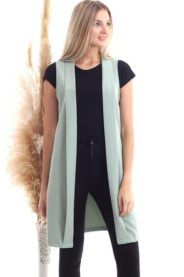 20342974 Azra Pervazlı Uzun Kolsuz Ceket CAGLA YESIL