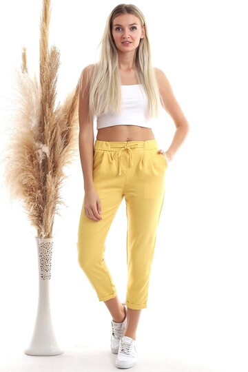 20343111 Viskon Flamlı Fermuarlı Fleto Cepli Havuç Pantolon HARDAL