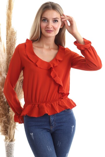 20343266 Ayrobin Kruvaze Fırfırlı Uzun Kol Bluz KIREMIT