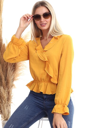 20343266 Ayrobin Kruvaze Fırfırlı Uzun Kol Bluz HARDAL