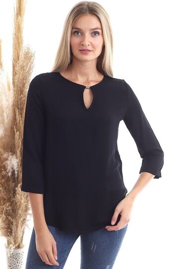 20343352 Dok.Viskon Yaka Aksesuarlı Uzun Kol Bluz SIYAH