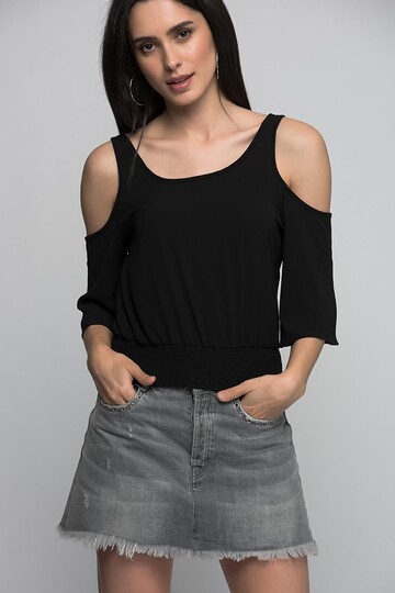7232260 Kobe Omuzu Açık Beli Lastikli Kısa Kol Bluz SIYAH