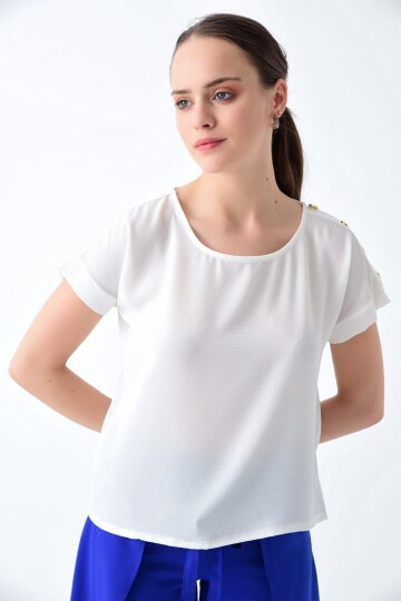 9223013 Kobe Sol Omuzu Düğmeli Yarasa Kol Bluz EKRU