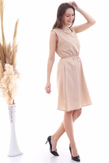 9315020 Dok.Viskon Desenli Cepli Kolsuz Elbise BEJ