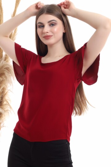 94022011 Dok.Viskon Fırfırlı Kısa Kol Bluz BORDO