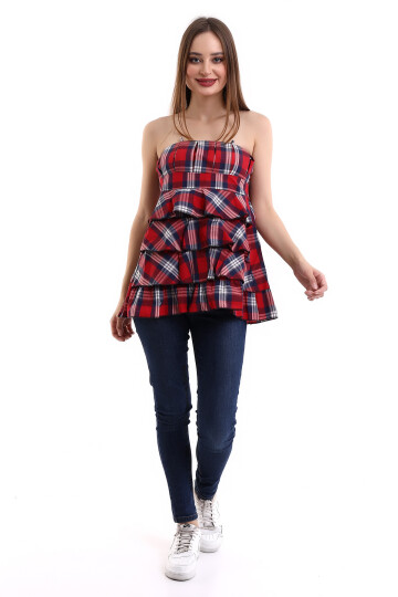 20053022 Straplez Nervürlü Eteği Kat Kat Fırfırlı Bluz KIRMIZI EKOSE