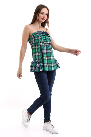 20053022 Straplez Nervürlü Eteği Kat Kat Fırfırlı Bluz YESIL EKOSE