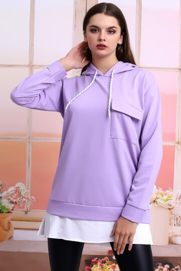 21404011 İkiiplik Kapşonlu Cepli Etek Garnili Uzun Sweatshir LILA