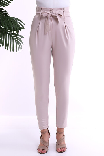 22223721 Parlak Deri Görünümlü Düğmeli Pantolon BEJ