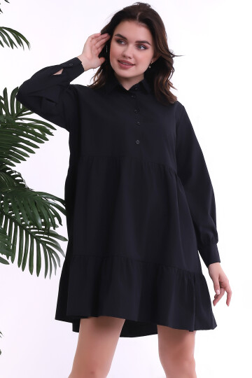 22224058 TerryCotton Gömlek Yaka Patlı Katlı Uzun Kol Elbise SIYAH