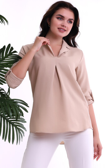 22224093 İnce Ayrobin Yakalı Ön Pileli Kol Katlamalı Bluz BEJ