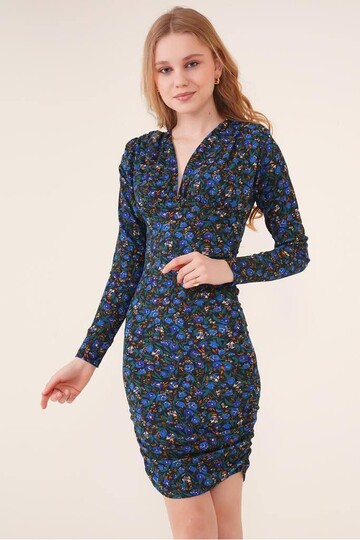 22434124 Kruvaze Yaka Yanları Büzgülü Uzun Kol Elbise SIYAH SAKS