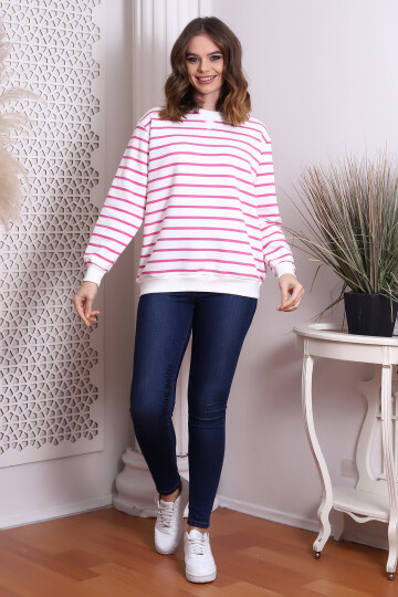 22434188 Üç İplik Çizgili Sweatshirt EKRU PEMBE