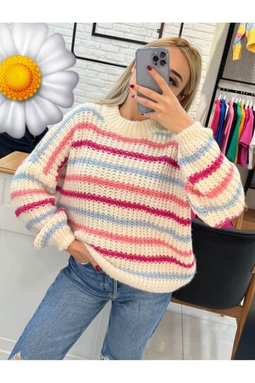 22436389 Triko Renkli Kazak EKRU MAVI