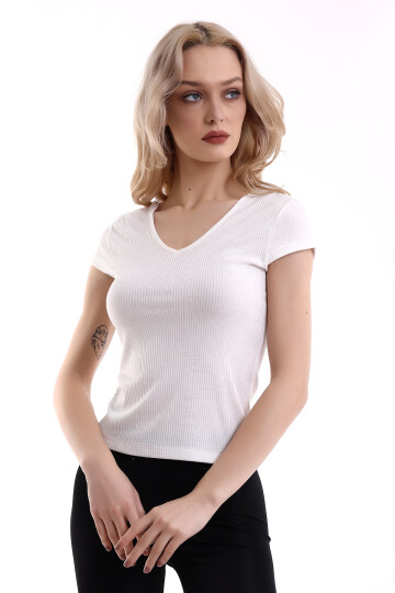 22474755 İnce Kaşkorse Ön Arka V Yaka Kısa Kol Bluz EKRU