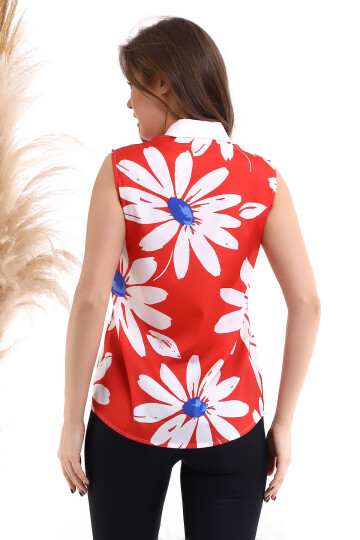 22484863 Krep Çiçek Desenli Kolsuz Gömlek MERCAN EKRU