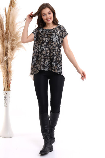 22484867 Krep Önü Desenli Sırtı Kruvaze Açık Yarasa Kol Bluz SIYAH EKRU