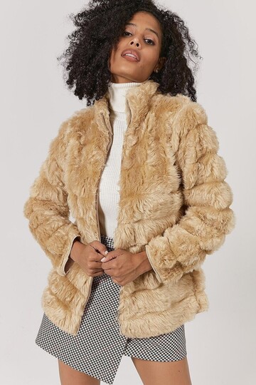 8414152 Kürk Enine Çizgi Desenli Önü Fermuarlı Kaban CAMEL